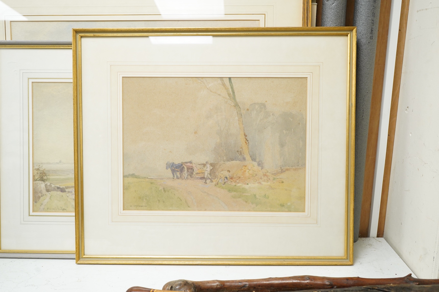 William Redworth (1873-1947), Moorland scene, signed and dated 1837, watercolour, and two other smaller works, largest 38 x 53cm